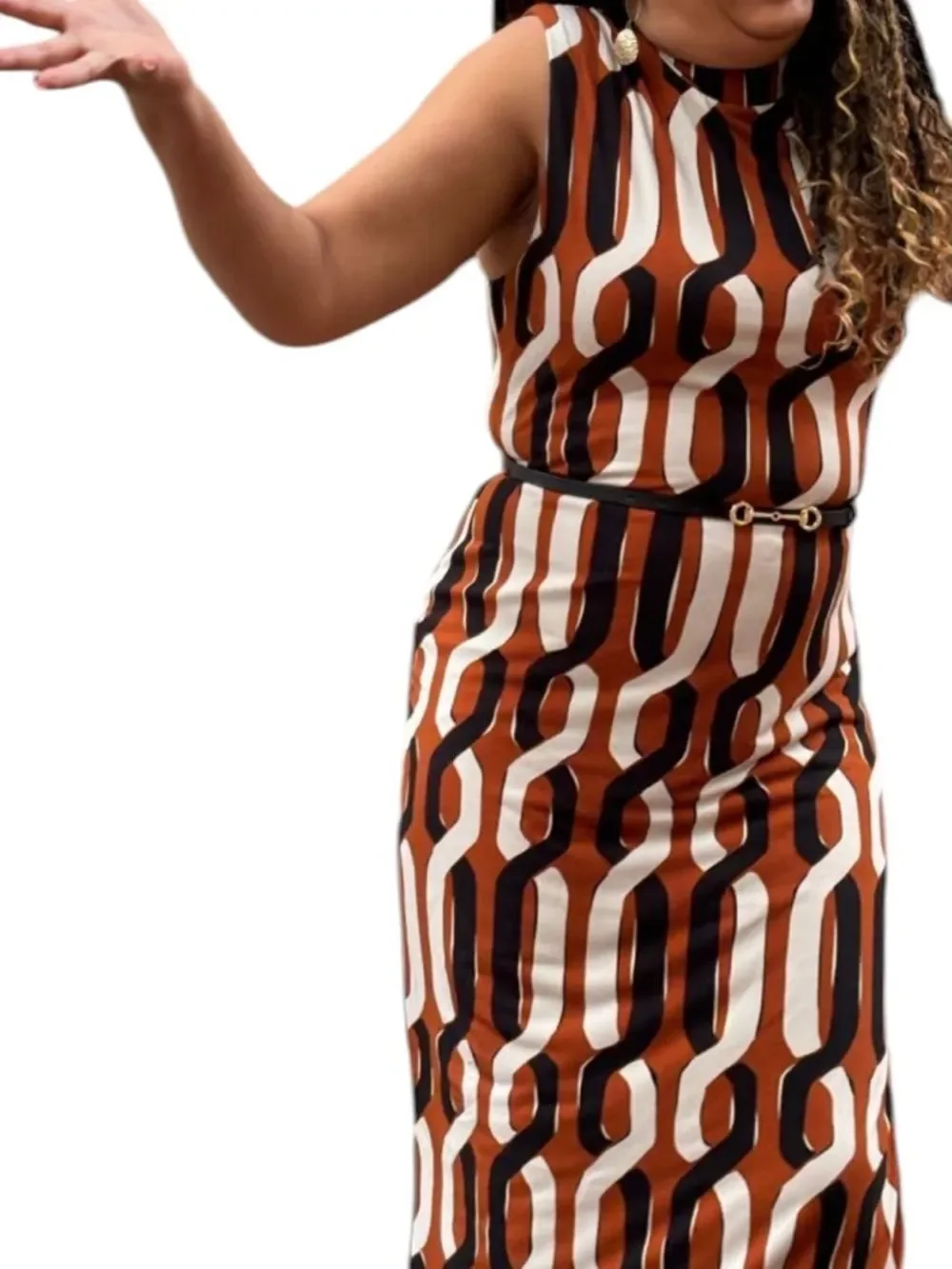 Premier Amour Sleeveless Geo-Chain Maxi Dress in Rust and Black 6 NWT